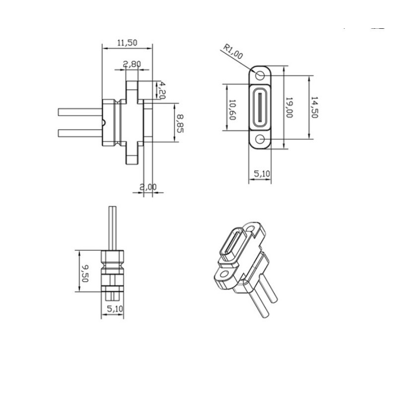 USB-C Buchse 4 pol. 7,5 cm Kabel und Schraubenloch Flansch